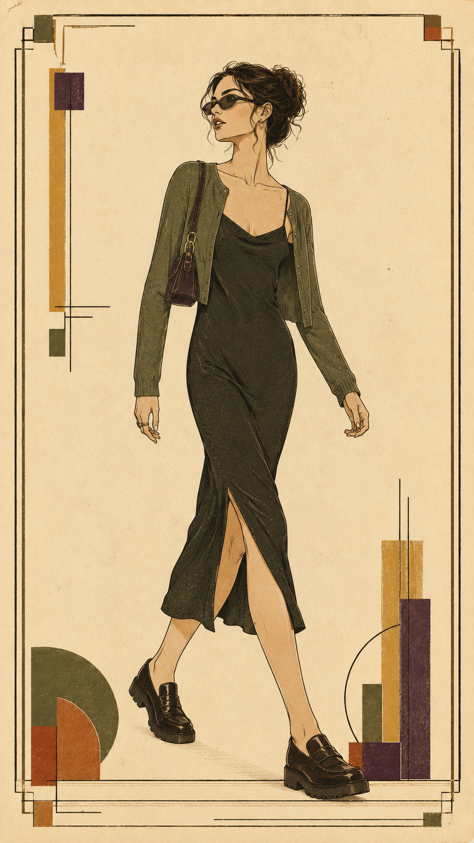 Fashion plate — nineties slip dress on aged ivory paper