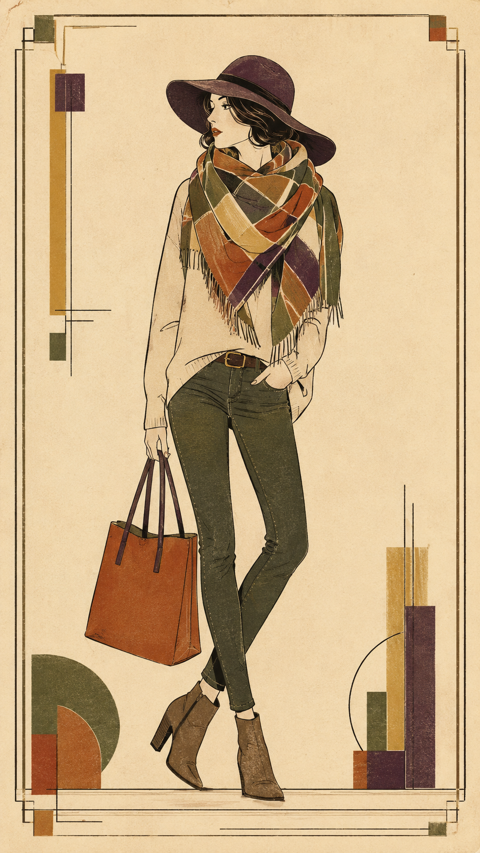 Fashion plate — bohemian look on aged ivory paper